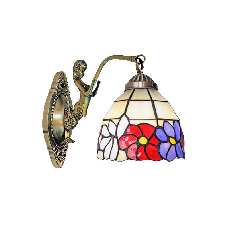 Frendorf | Schneiderglas Beige/Orange Wandmontierte Lichtschale 1-Lampen Viktorianische Sonnenblume/Blütenmuster Oberfläche Wandlicht mit Meerjungfrau Arm