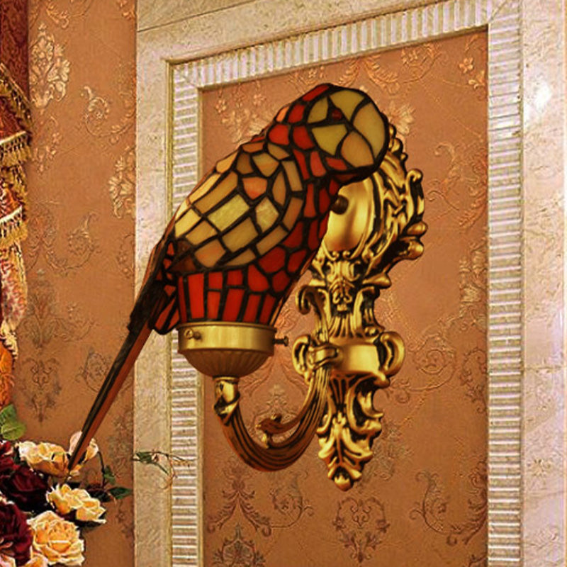 Frendorf | 1 Licht Wandmontage Verlichting Tiffany Papegaai Vormige Geëmailleerde Glas Wandlamp in Goud met Curvy Arm