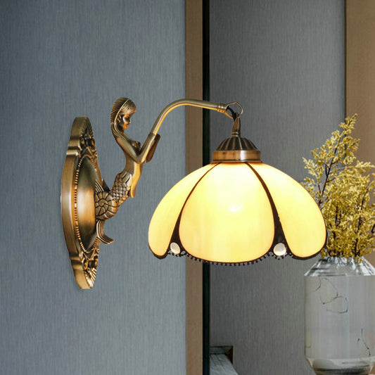 Frendorf | Blumenwandbeleuchtung Einrichtungsgegenstand Mediterranes Beige Glas 1/2-Licht Bronze Wandleuchte mit Meerjungfrau Arm für Badezimmer