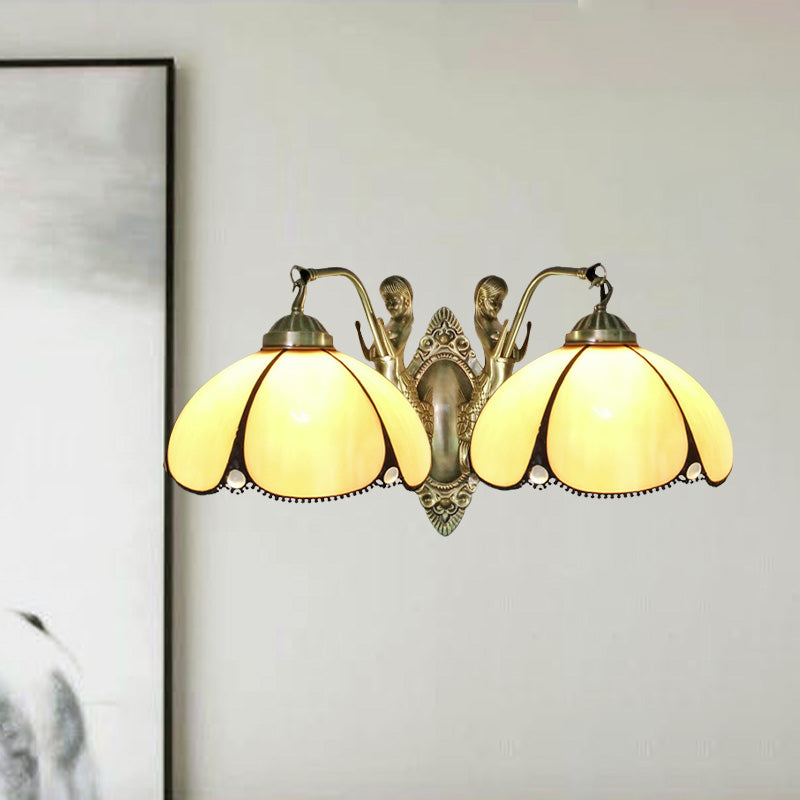 Frendorf | Blumenwandbeleuchtung Einrichtungsgegenstand Mediterranes Beige Glas 1/2-Licht Bronze Wandleuchte mit Meerjungfrau Arm für Badezimmer