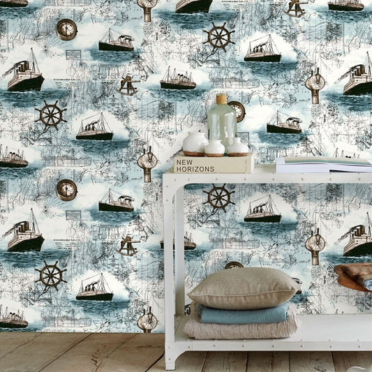 Frendorf | Boot und Karte Tapete für Kinder Segelabenteuer Fleckenresistente Selbstklebende Wanddekoration, 17,5 Zoll x 19,5 Fuß