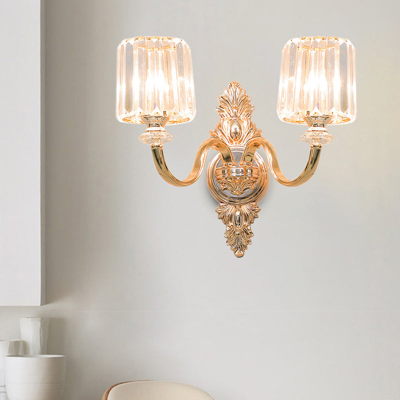 Frendorf | 2-Lamps Wandlamp Retro Cilinder Kristal Blok Wandverlichting in Goud met Gegraveerde Achterplaat