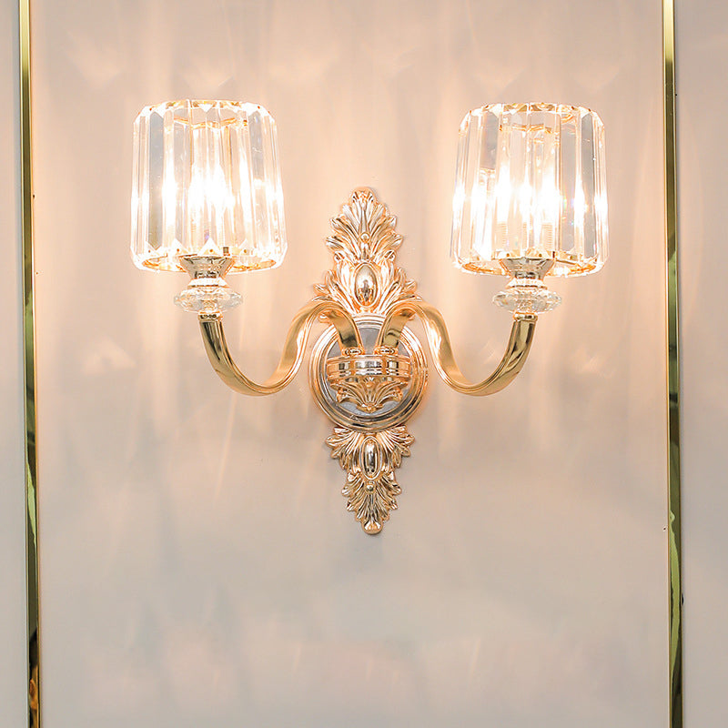 Frendorf | 2-Lamps Wandlamp Retro Cilinder Kristal Blok Wandverlichting in Goud met Gegraveerde Achterplaat