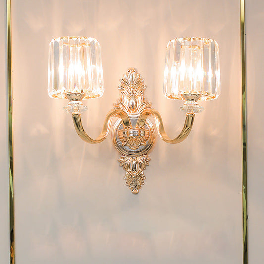 Frendorf | 2-Lamps Wandlamp Retro Cilinder Kristal Blok Wandverlichting in Goud met Gegraveerde Achterplaat
