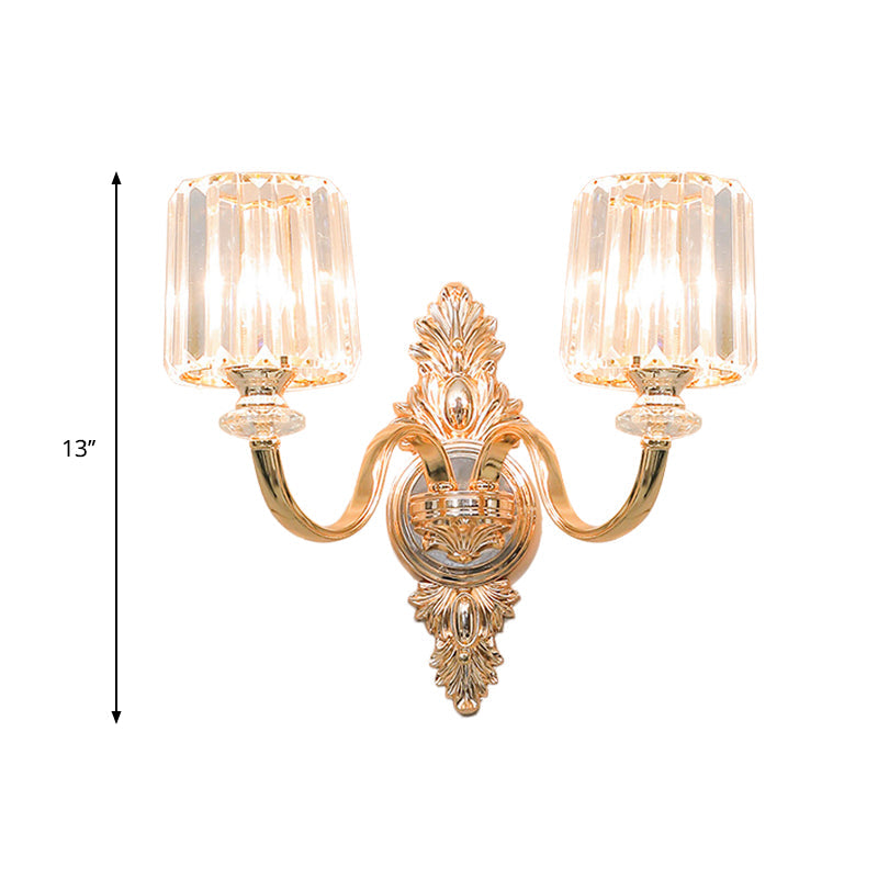 Frendorf | 2-Lamps Wandlamp Retro Cilinder Kristal Blok Wandverlichting in Goud met Gegraveerde Achterplaat