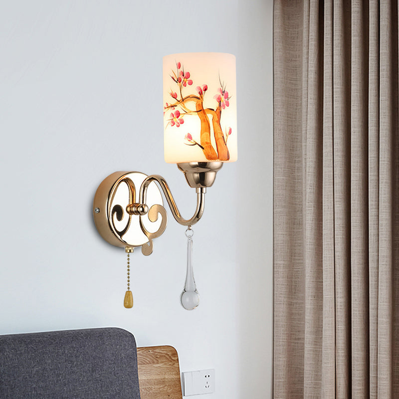 Frendorf | Gold Finish Zylindrische Wandbeleuchtung Idee Modern 1/2-Kopf Lackierte Creme Glass Wandlampe mit Zugkette