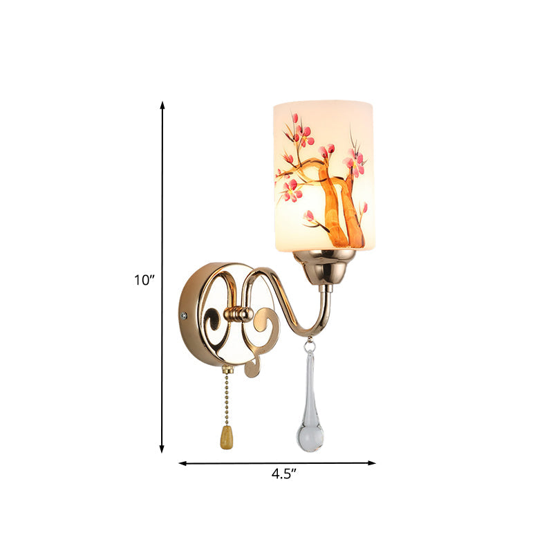 Frendorf | Gold Finish Zylindrische Wandbeleuchtung Idee Modern 1/2-Kopf Lackierte Creme Glass Wandlampe mit Zugkette