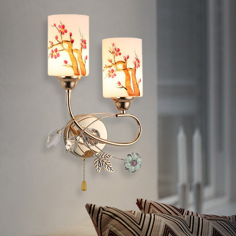 Frendorf | Gold Finish Zylindrische Wandbeleuchtung Idee Modern 1/2-Kopf Lackierte Creme Glass Wandlampe mit Zugkette