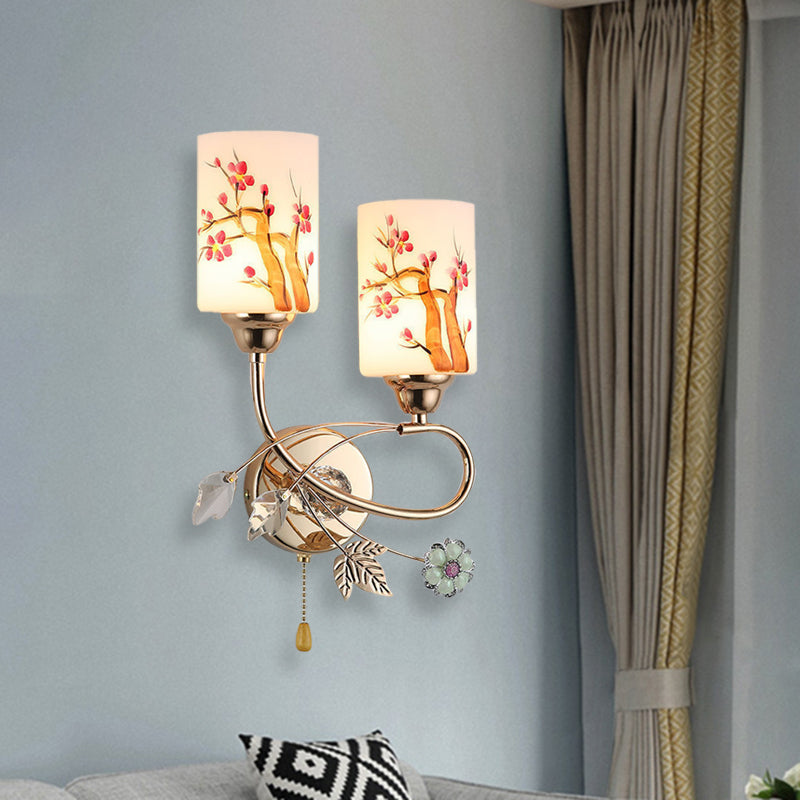 Frendorf | Gold Finish Zylindrische Wandbeleuchtung Idee Modern 1/2-Kopf Lackierte Creme Glass Wandlampe mit Zugkette