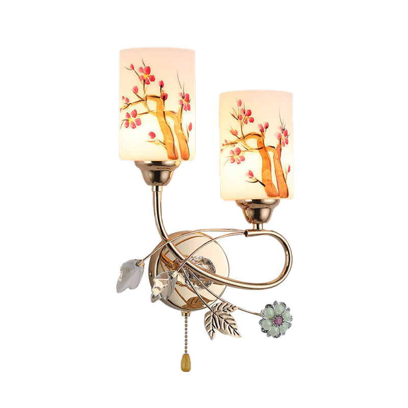 Frendorf | Gold Finish Zylindrische Wandbeleuchtung Idee Modern 1/2-Kopf Lackierte Creme Glass Wandlampe mit Zugkette