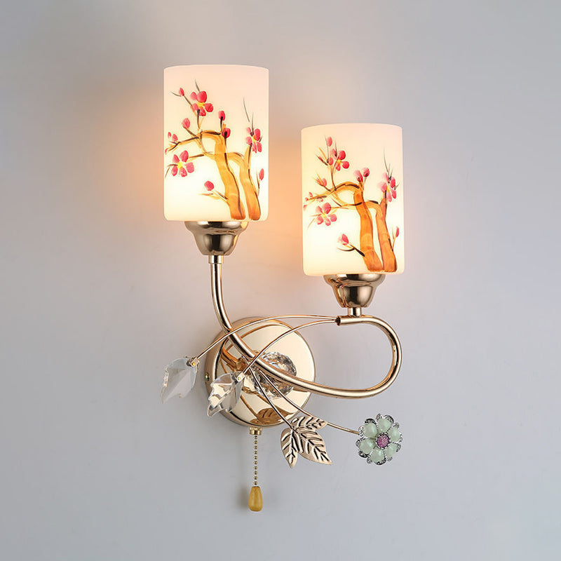 Frendorf | Gold Finish Zylindrische Wandbeleuchtung Idee Modern 1/2-Kopf Lackierte Creme Glass Wandlampe mit Zugkette