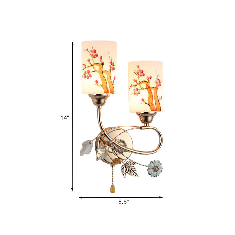 Frendorf | Gold Finish Zylindrische Wandbeleuchtung Idee Modern 1/2-Kopf Lackierte Creme Glass Wandlampe mit Zugkette