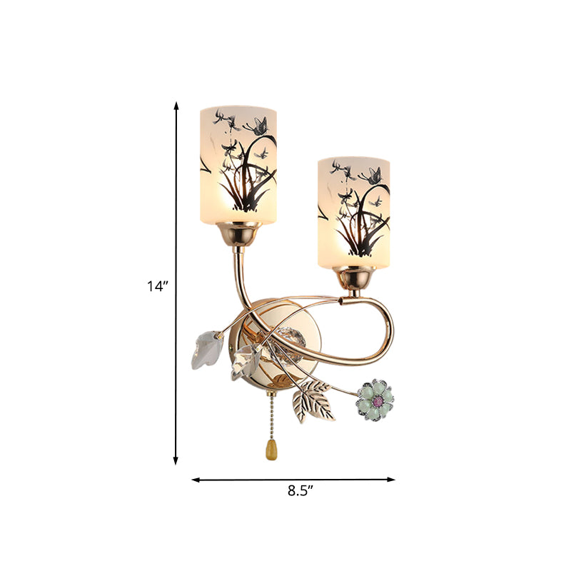 Frendorf | Modernismus 2-Glühbirnen Zugkette Wandbeleuchtung Idee mit bemessenem Glasschirm Goldzylinder Wandleuchte