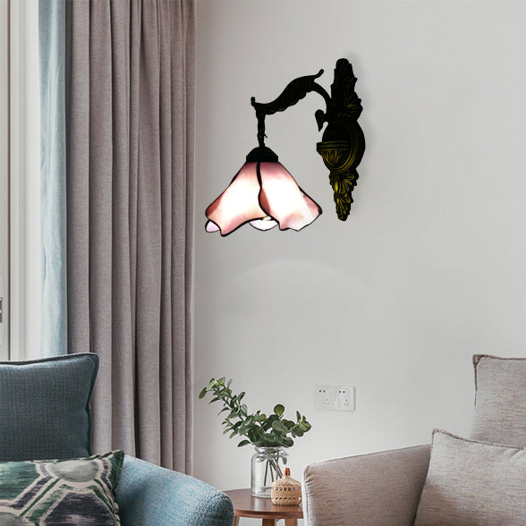 Frendorf | Klar/Rosa/Hellblau/Dunkelblau/Beige Petal Shade Wand Leuchte Tiffany Stil 1 Licht Buntglas Wandbeleuchtung in Antikmessing
