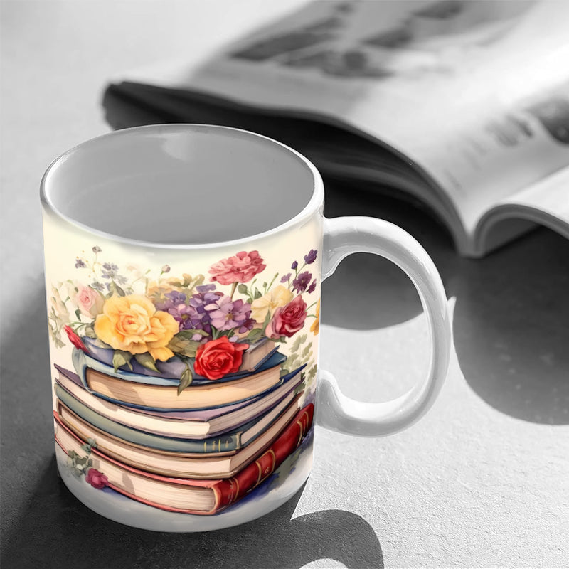 Frendorf | 3D Künstlerisch Schöne Florale Bücher Kaffeetasse - Geschenk für Bücherliebhaber
