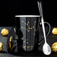 Frendorf | 12 Tierkreiszeichen Schwarze Keramiktasse mit Deckel Löffel