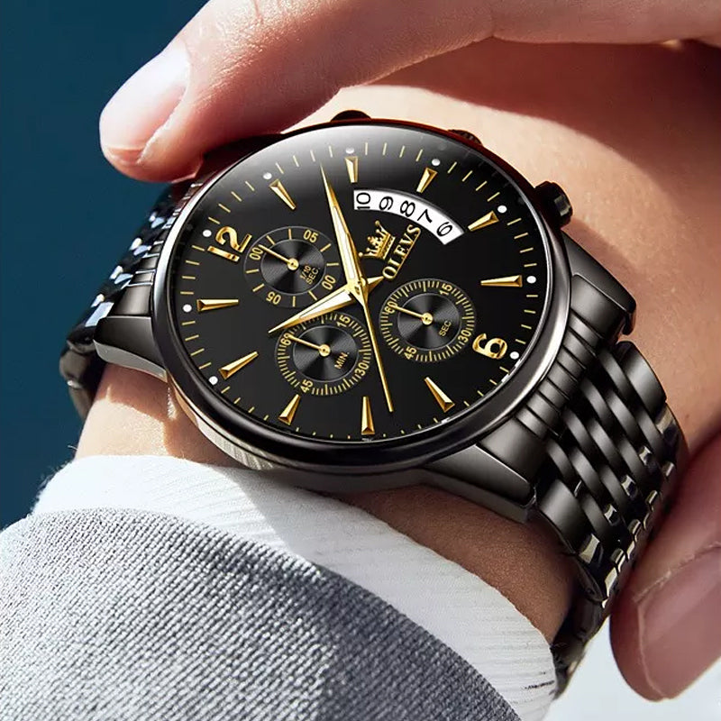 Frendorf | Luxus Gold Drei-Augen Chronograph Zifferblatt Automatische Mechanische Uhr