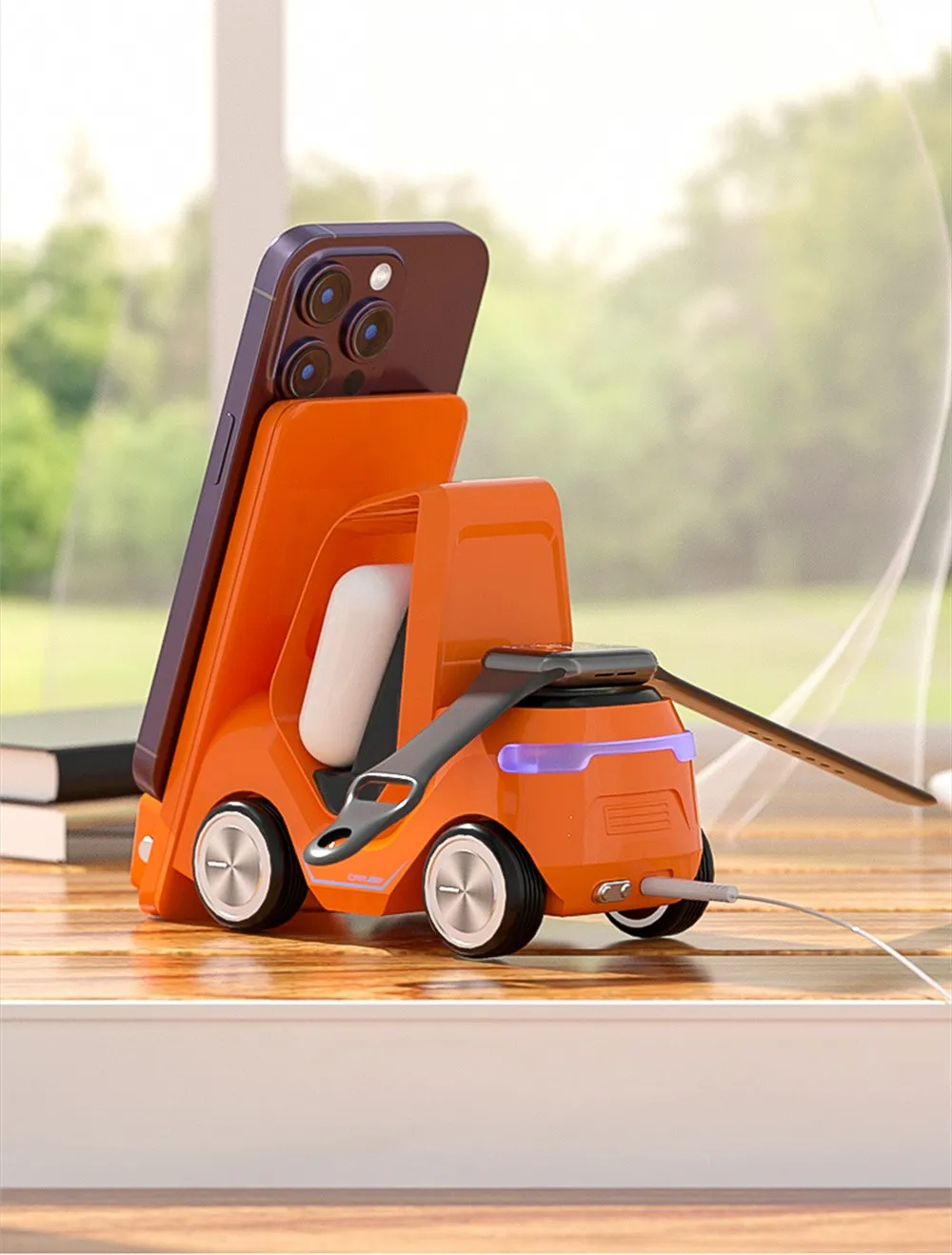 Frendorf | Auto-förmige kabellose Ladestation & LED-Wecker – 3-in-1 Schnellladung für iPhone, Apple Watch & Air Pods