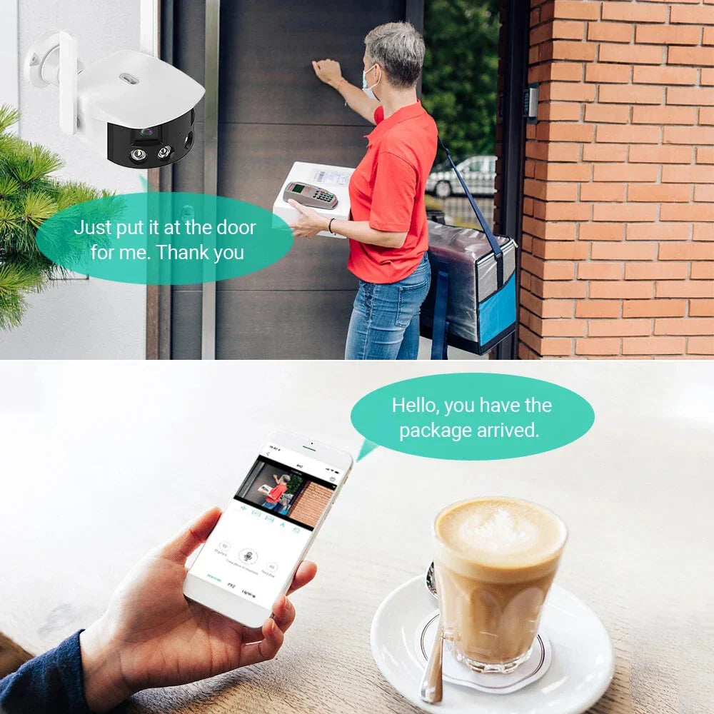 Frendorf | 2K 4MP Dual-Lens Panorama WiFi Kamera 180° Weitwinkel KI-Erkennung Nachtsicht Gegensprechsystem Wetterfest IP Kamera EU-Stecker