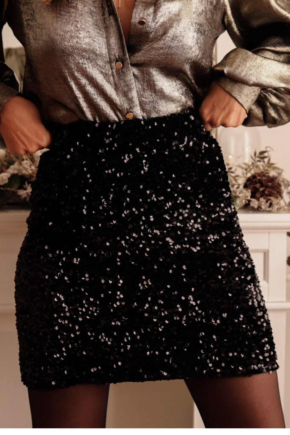 Frendorf | Schwarzer Party Pailletten Bodycon Minirock