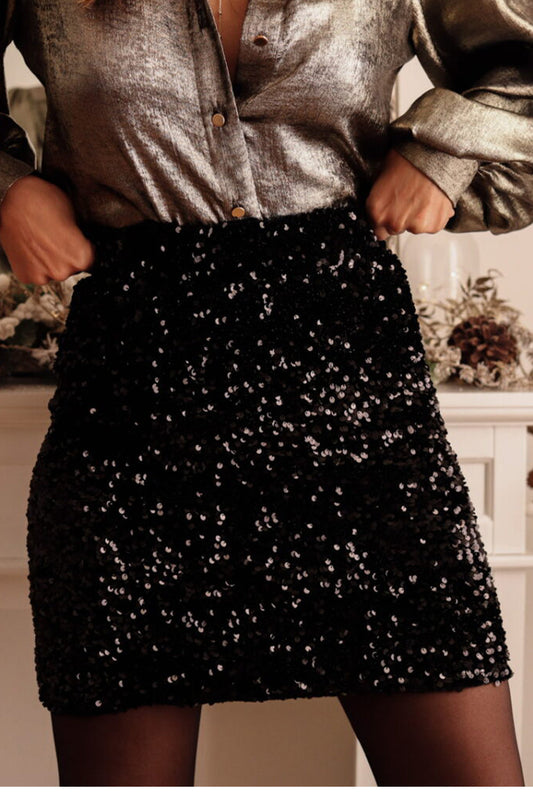 Frendorf | Schwarzer Party Pailletten Bodycon Minirock