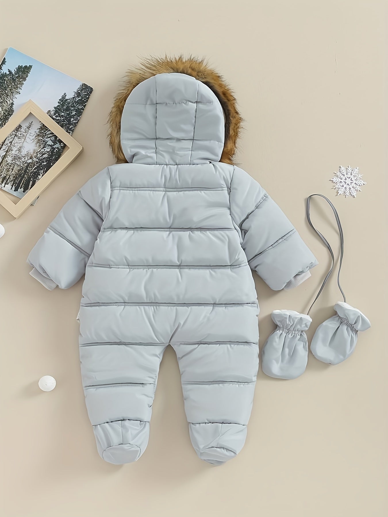 Frendorf Baby Schnee-Overall | Gefütterter Winteranzug mit Kunstfell-Kapuze und integrierten Fäustlingen