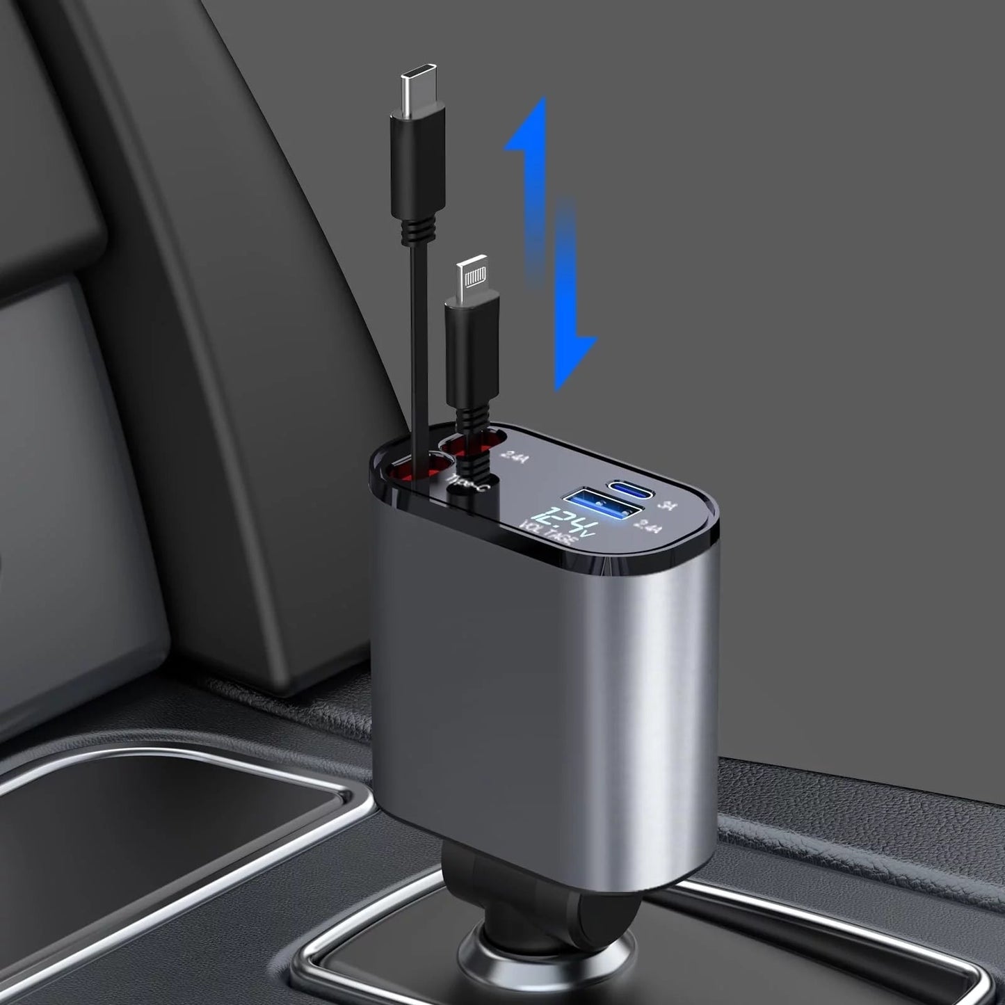 Auto Ladegerät Zigarettenanzünder 100W mit QC3.0+PD, 2 Anschlüssen, 4 Geräte gleichzeitig aufladen, mit digitaler Spannungsanzeige und 80 cm Kabel