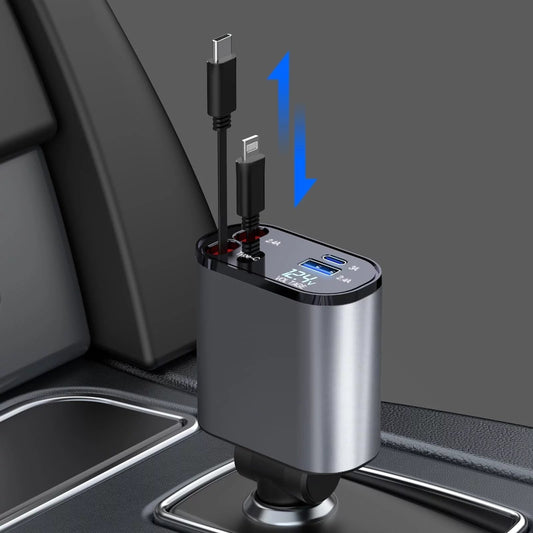 Auto Ladegerät Zigarettenanzünder 100W mit QC3.0+PD, 2 Anschlüssen, 4 Geräte gleichzeitig aufladen, mit digitaler Spannungsanzeige und 80 cm Kabel