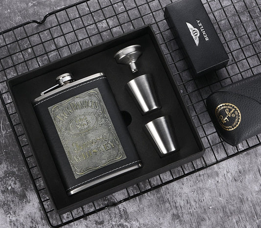 8oz Whisky-Flasche Edelstahl Alkohol Trichter Hüftflasche Gestickte goldene Seidentextil Verpackungs-Geschenkbox Set