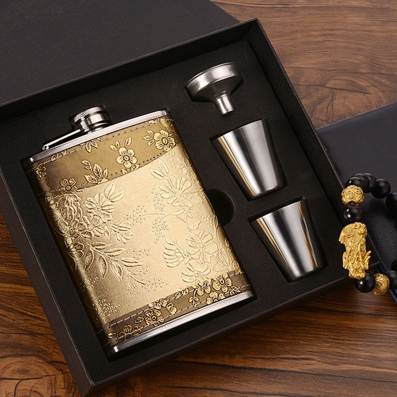 8oz Whisky-Flasche aus Edelstahl Alkohol-Trichter Hüftflasche Bestickte Goldene Seidenstoff Verpackung Geschenk-Box Set