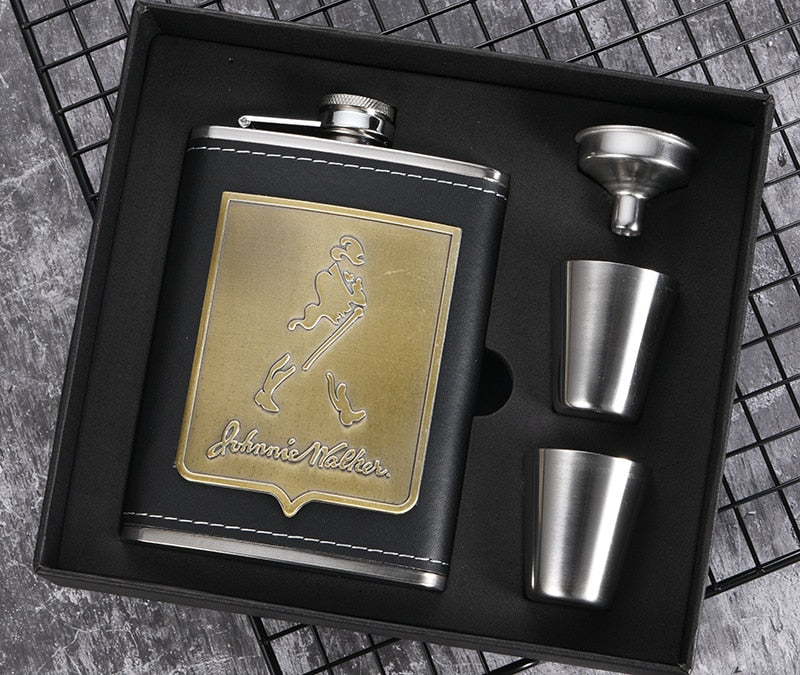 8oz Whisky-Flasche aus Edelstahl Alkohol-Trichter Hüftflasche Bestickte Goldene Seidenstoff Verpackung Geschenk-Box Set
