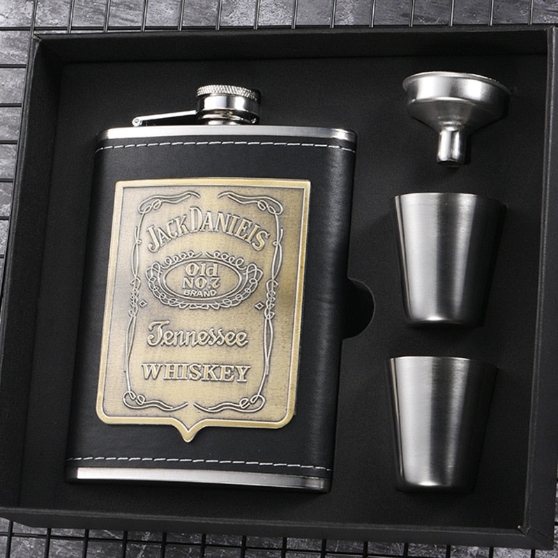 8oz Whisky-Flasche aus Edelstahl Alkohol-Trichter Hüftflasche Bestickte Goldene Seidenstoff Verpackung Geschenk-Box Set
