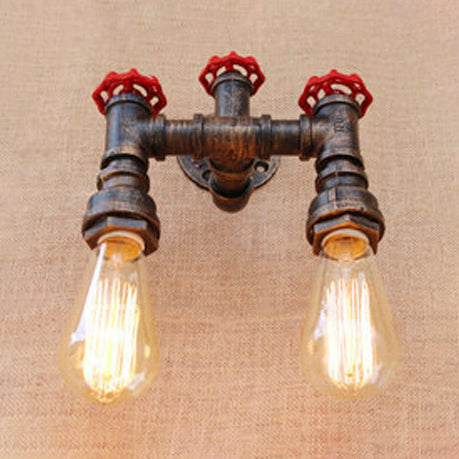 Frendorf | Loft Industriële Pijp Wandverlichtingsarmatuur met Ventielwiel 2 Lichten Wrought Iron Wandlamp in Antiek Brons