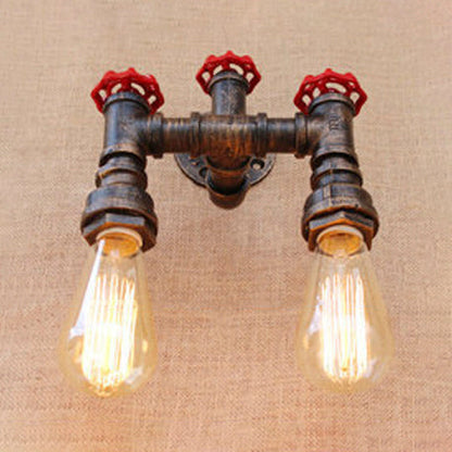 Frendorf | Loft Industriële Pijp Wandverlichtingsarmatuur met Ventielwiel 2 Lichten Wrought Iron Wandlamp in Antiek Brons