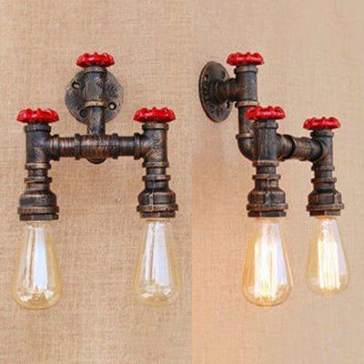 Frendorf | Loft Industriële Pijp Wandverlichtingsarmatuur met Ventielwiel 2 Lichten Wrought Iron Wandlamp in Antiek Brons