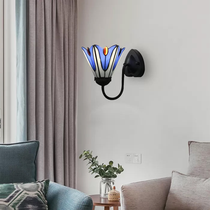 Frendorf | Glas-in-lood Bloem Wandlamp Tiffany 1 Hoofd Wit/Zwart/Luchtblauw Wandlamp voor Woonkamer