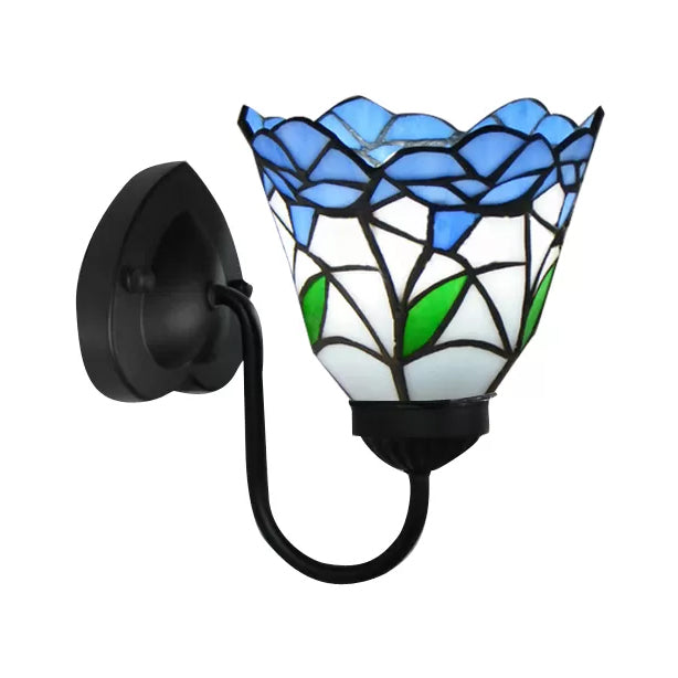 Frendorf | Glas-in-lood Bloem Wandlamp Tiffany 1 Hoofd Wit/Zwart/Luchtblauw Wandlamp voor Woonkamer