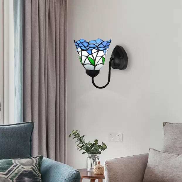 Frendorf | Glas-in-lood Bloem Wandlamp Tiffany 1 Hoofd Wit/Zwart/Luchtblauw Wandlamp voor Woonkamer