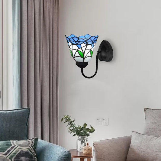 Frendorf | Glas-in-lood Bloem Wandlamp Tiffany 1 Hoofd Wit/Zwart/Luchtblauw Wandlamp voor Woonkamer