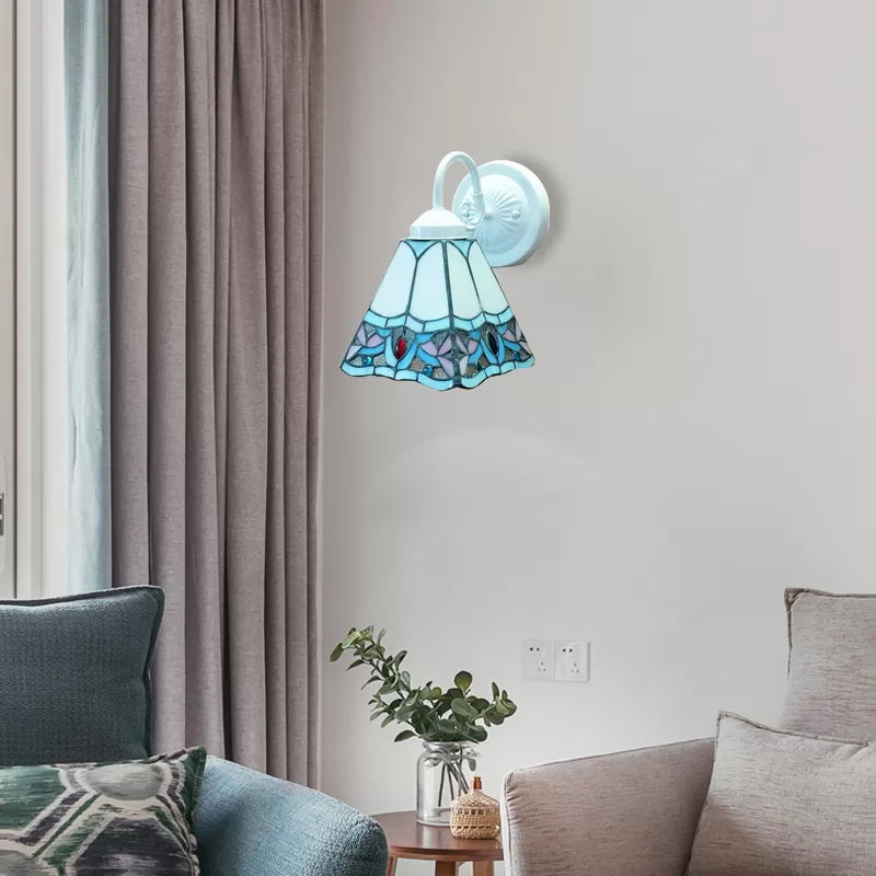 Frendorf | Glas-in-lood Bloem Wandlamp Tiffany 1 Hoofd Wit/Zwart/Luchtblauw Wandlamp voor Woonkamer