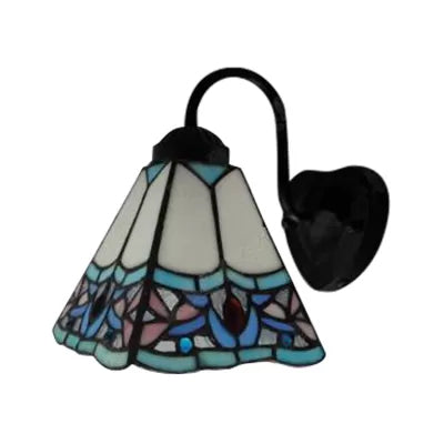 Frendorf | Glas-in-lood Bloem Wandlamp Tiffany 1 Hoofd Wit/Zwart/Luchtblauw Wandlamp voor Woonkamer