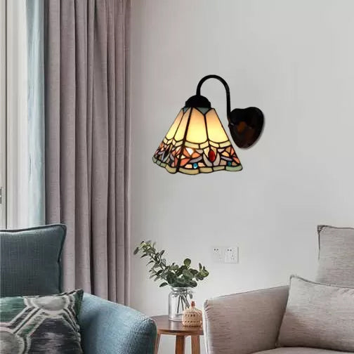 Frendorf | Glas-in-lood Bloem Wandlamp Tiffany 1 Hoofd Wit/Zwart/Luchtblauw Wandlamp voor Woonkamer