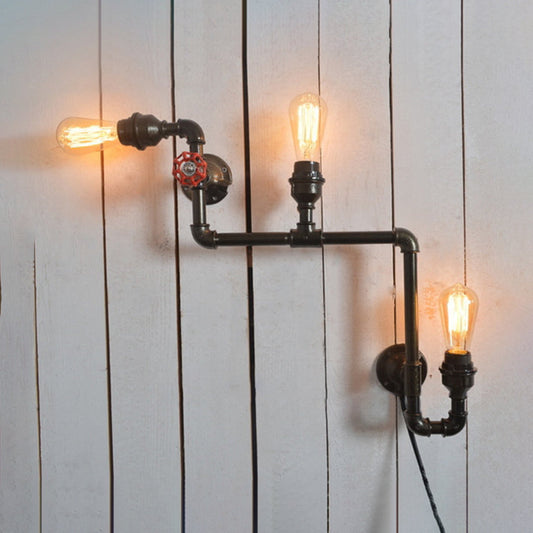 Frendorf | 3 Köpfe Wandlampe Sconce mit offenem Glühbirne und Rohr Metallisch Industrieller Stil Restaurant Wandmontage Licht in Schwarz