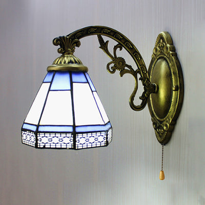 Frendorf | Vintage Cone Wandverlichting met Trekschakelaar Gevelde Glas 1 Lichts Wandlamp in Blauw voor Slaapkamer