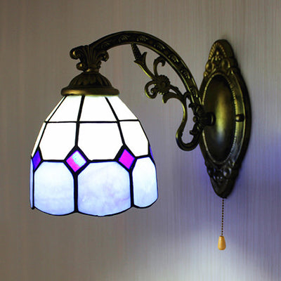 Frendorf | Gebogen Arm Wandlamp met Trekketting en Kom Schaduw Tiffany Stijl Gevelverlichting 1 Licht Sconces in Blauw
