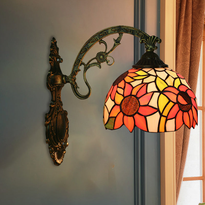 Frendorf | Roos/Zonnebloem Wandverlichting Tiffany Hand-gesneden Glas 1 Licht Rode/Groene Wandverlichtingsideeën
