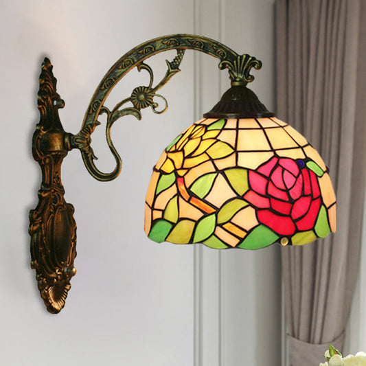 Frendorf | Roos/Zonnebloem Wandverlichting Tiffany Hand-gesneden Glas 1 Licht Rode/Groene Wandverlichtingsideeën