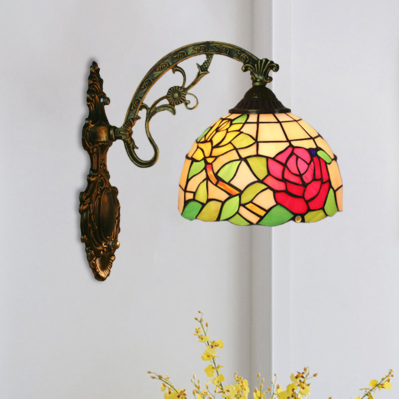 Frendorf | Roos/Zonnebloem Wandverlichting Tiffany Hand-gesneden Glas 1 Licht Rode/Groene Wandverlichtingsideeën
