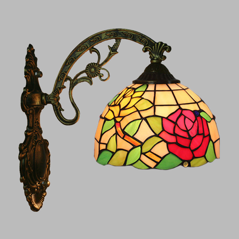 Frendorf | Roos/Zonnebloem Wandverlichting Tiffany Hand-gesneden Glas 1 Licht Rode/Groene Wandverlichtingsideeën