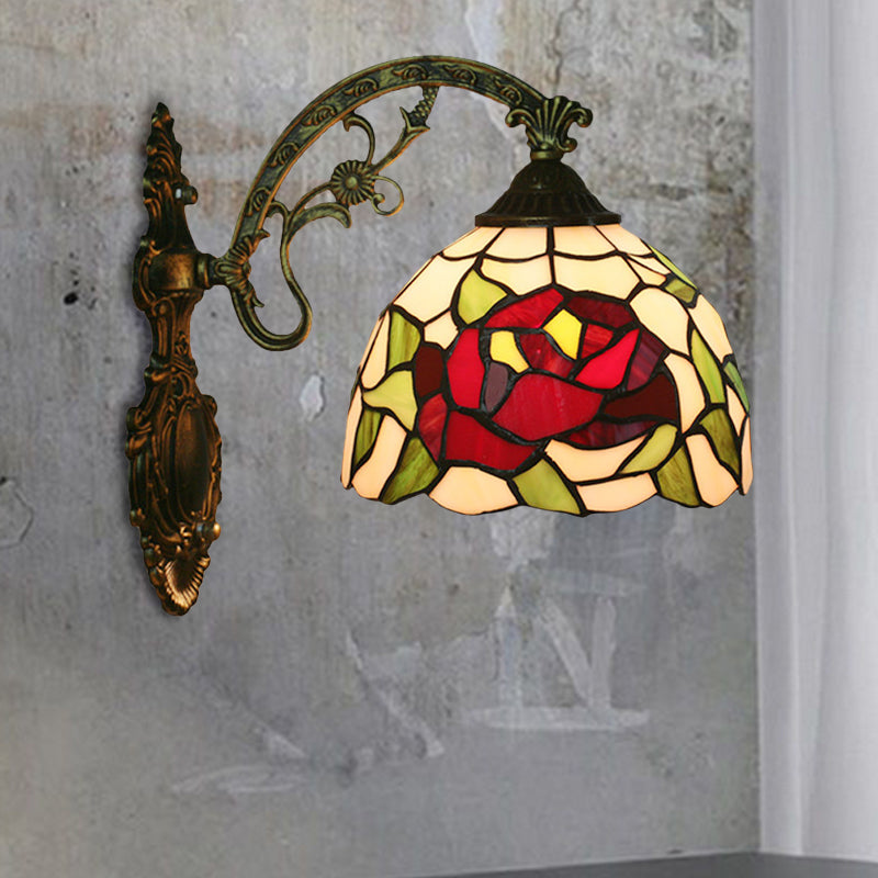 Frendorf | Roos/Zonnebloem Wandverlichting Tiffany Hand-gesneden Glas 1 Licht Rode/Groene Wandverlichtingsideeën